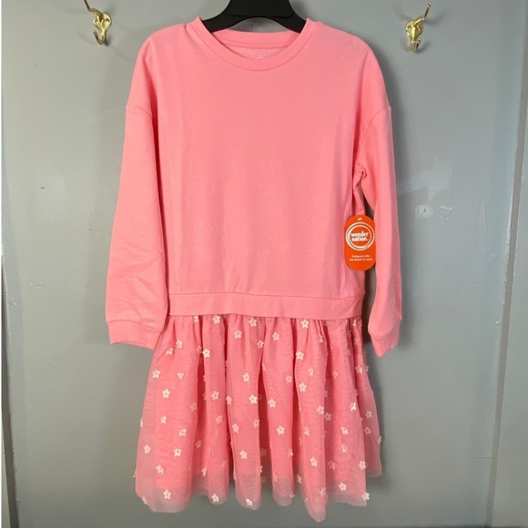 wonder nation Other - NWT Girls Size 8 Cozy Sweatshirt Dress Pink Floral Mesh Skirt Long Sleeves Sweet